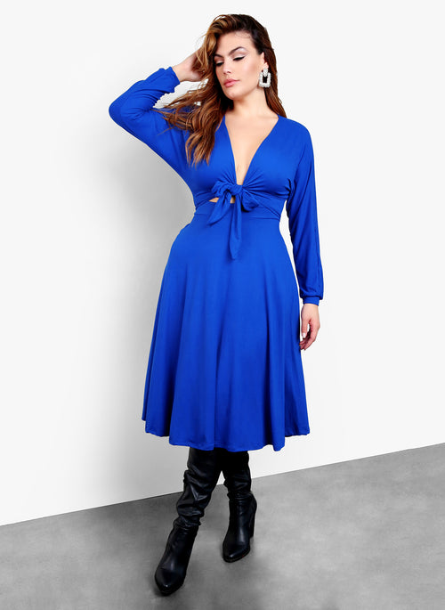 Your Needs Front Tie Skater Midi Dress - Royal Blue