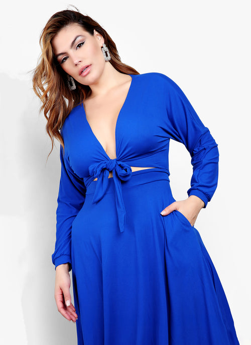 Your Needs Front Tie Skater Midi Dress - Royal Blue