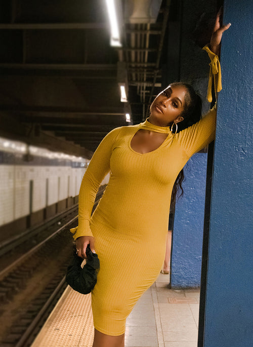 Best Dressed Ribbed Keyhole Tie Cuff Midi Bodycon Dress