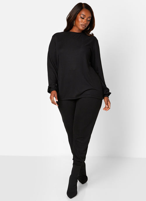 Ease Up Ribbed Oversized Shirt & Joggers Set - Black