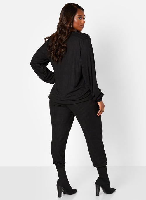 Ease Up Ribbed Oversized Shirt & Joggers Set - Black