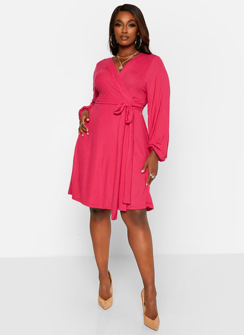 Easy Choice Ribbed Puff Sleeve Mini Wrap Dress - Fuchsia
