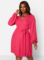 Easy Choice Ribbed Puff Sleeve Mini Wrap Dress - Fuchsia