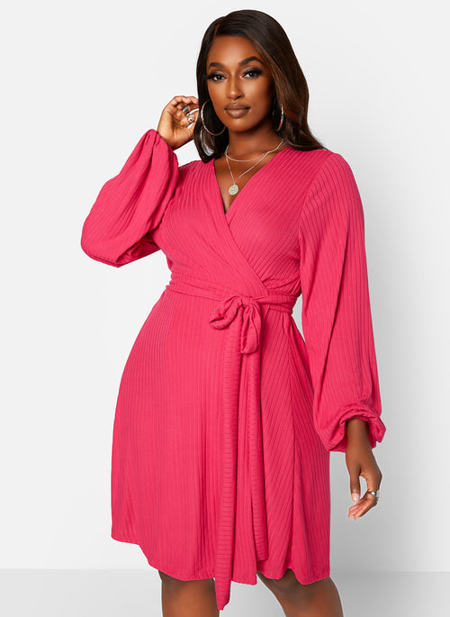 Easy Choice Ribbed Puff Sleeve Mini Wrap Dress - Fuchsia
