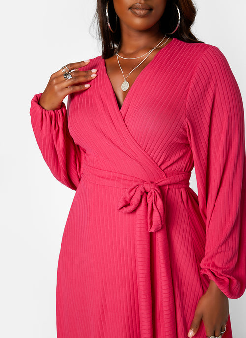 Easy Choice Ribbed Puff Sleeve Mini Wrap Dress - Fuchsia
