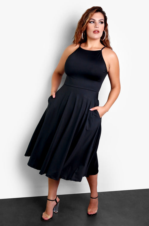 Black Essential High Neck Midi Dress with Pockets Plus Sizes