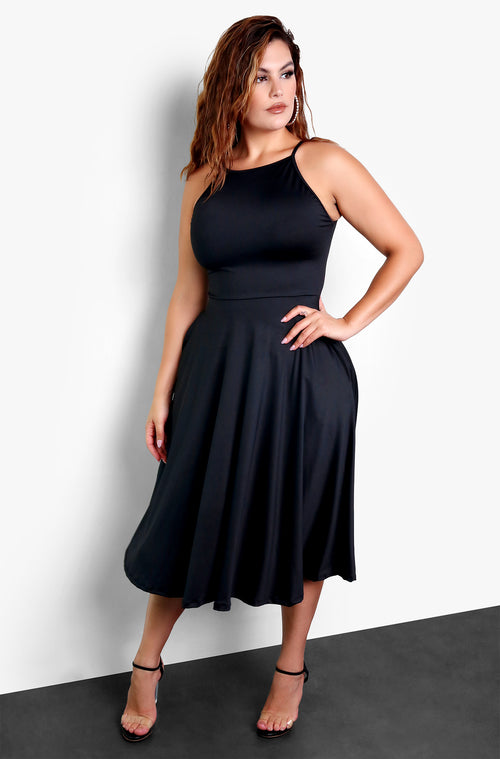Black Essential High Neck Midi Dress with Pockets Plus Sizes