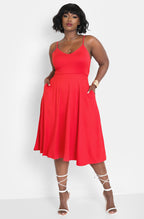 Red I Dont Think So Strappy Skater Midi Dress w. Pockets Plus Sizes