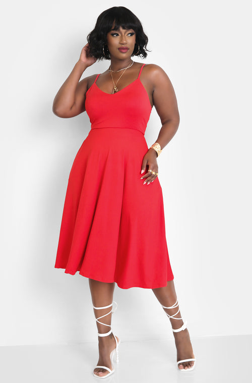 Red I Dont Think So Strappy Skater Midi Dress w. Pockets Plus Sizes