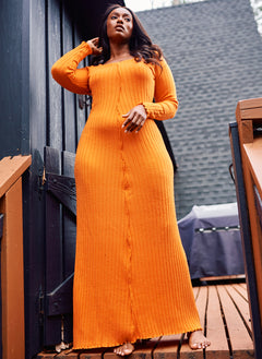 Orange Evelyn Ribbed Square Neck Maxi Dress Plus Sizes