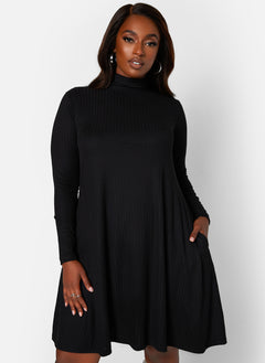 Keri Ribbed Turtleneck Mini Shift Dress W. Pockets