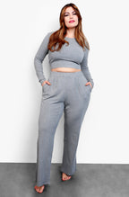 Gray Long Sleeve Crop Top & Palazzo Pant Set