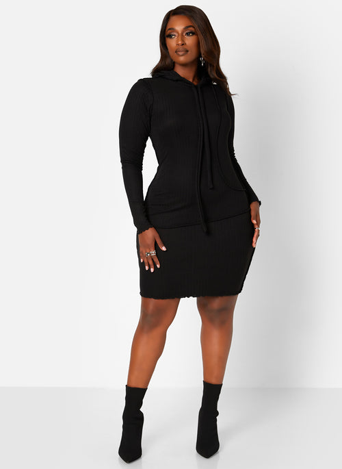 Top Tier Ribbed Exposed Seam Hooded Mini Bodycon Dress