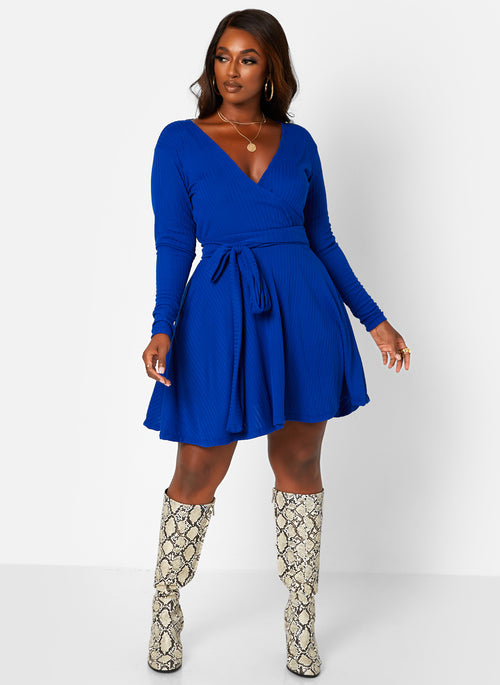 You Need This Ribbed Tie Waist Mini Skater Dress W. Pockets - Royal Blue