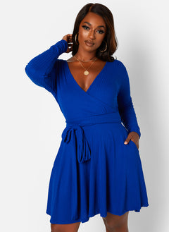 You Need This Ribbed Tie Waist Mini Skater Dress W. Pockets - Royal Blue