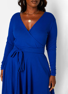 You Need This Ribbed Tie Waist Mini Skater Dress W. Pockets - Royal Blue