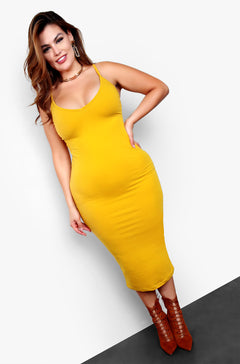 Mustard Essential Strappy Skater Midi Dress w. Pockets Plus Sizes