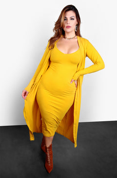 A Lot To Love V-Neck Midi Dress & Cardigan Set - Mustard