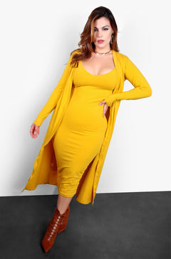 A Lot To Love V-Neck Midi Dress & Cardigan Set - Mustard