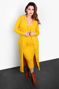 A Lot To Love V-Neck Midi Dress & Cardigan Set - Mustard