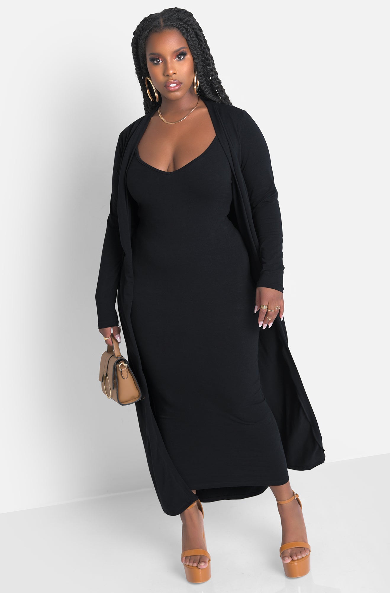A Lot To Love V-Neck Midi Dress & Cardigan Set - Black –