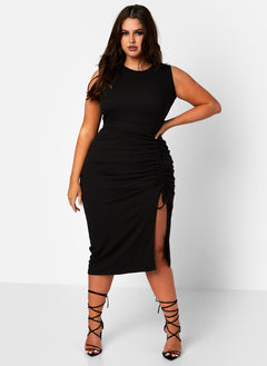 A Lot To Love Ribbed Ruched Drawstring Bodycon Midi Dress
