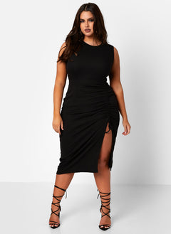 A Lot To Love Ribbed Ruched Drawstring Bodycon Midi Dress