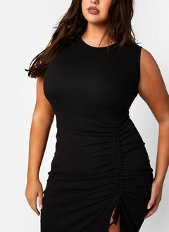 A Lot To Love Ribbed Ruched Drawstring Bodycon Midi Dress
