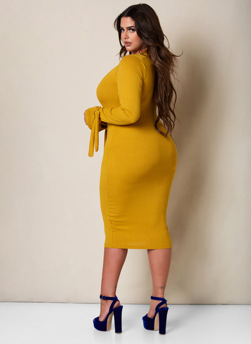 Best Dressed Ribbed Keyhole Tie Cuff Midi Bodycon Dress