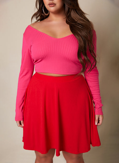 Carli Ribbed Mini Skater Skirt - Red