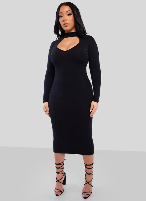 Black Caught You Keyhole Long Sleeve Bodycon Midi Dress