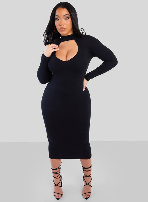 Black Caught You Keyhole Long Sleeve Bodycon Midi Dress