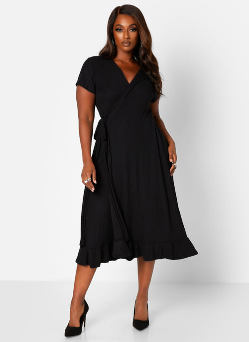 Diana Ribbed Short Sleeve Midi Wrap Dress