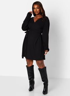 Easy Choice Ribbed Puff Sleeve Mini Wrap Dress - Black