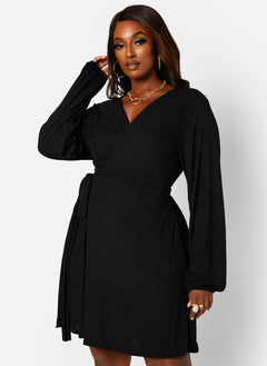 Easy Choice Ribbed Puff Sleeve Mini Wrap Dress - Black