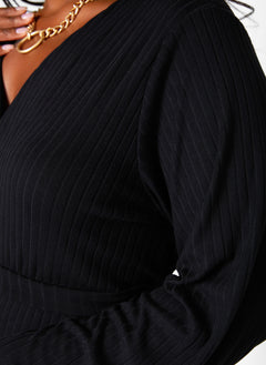 Easy Choice Ribbed Puff Sleeve Mini Wrap Dress - Black