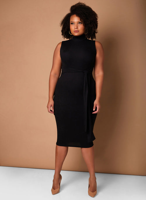 Black Effortless Turtleneck Bodycon Midi Dress W. Tie Plus Sizes