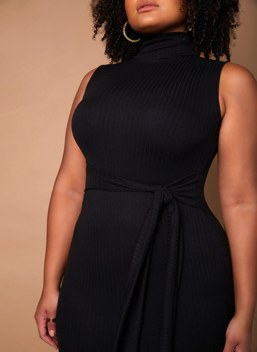 Black Effortless Turtleneck Bodycon Midi Dress W. Tie Plus Sizes