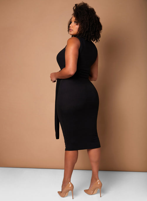 Black Effortless Turtleneck Bodycon Midi Dress W. Tie Plus Sizes