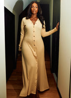 Beige Ella Ribbed Button Closure Maxi Dress Plus Sizes