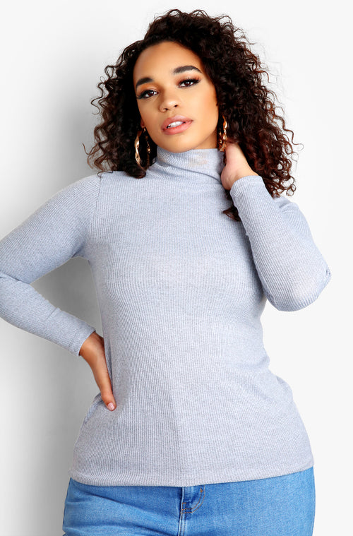 Gray Plus Size Ribbed Turtleneck Long Sleeve Top