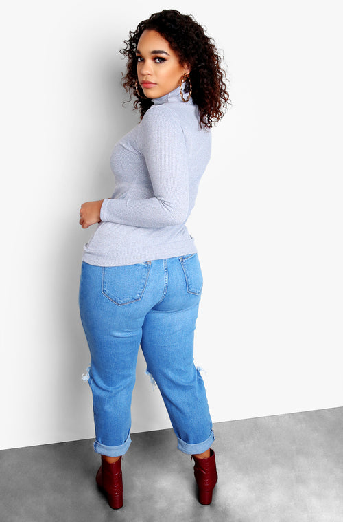 Gray Plus Size Ribbed Turtleneck Long Sleeve Top