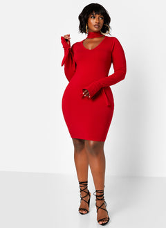 Enticing Turtleneck Cut Out Tie Cuff Mini Bodycon Dress