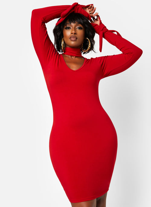 Enticing Turtleneck Cut Out Tie Cuff Mini Bodycon Dress