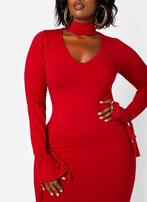 Enticing Turtleneck Cut Out Tie Cuff Mini Bodycon Dress