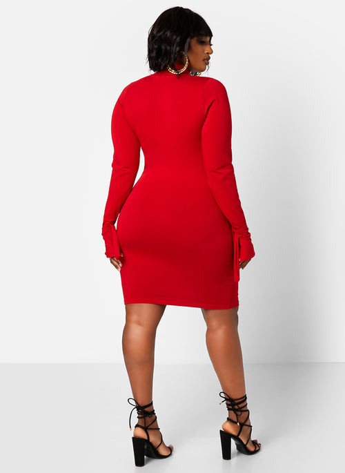 Enticing Turtleneck Cut Out Tie Cuff Mini Bodycon Dress