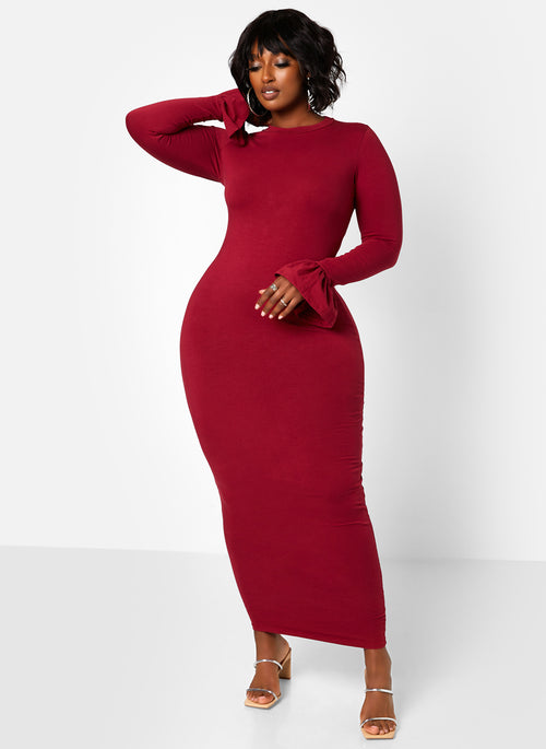 Essential Bell Sleeve Maxi Bodycon Dress - Burgundy