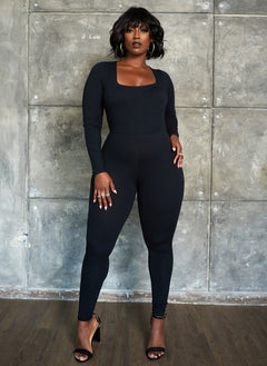 Essential Square Neck Long Sleeve Catsuit - Black