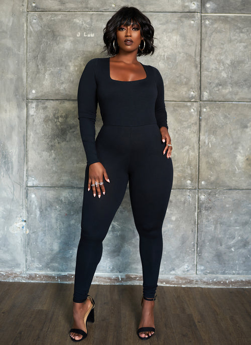 Essential Square Neck Long Sleeve Catsuit - Black