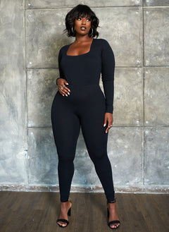 Essential Square Neck Long Sleeve Catsuit - Black